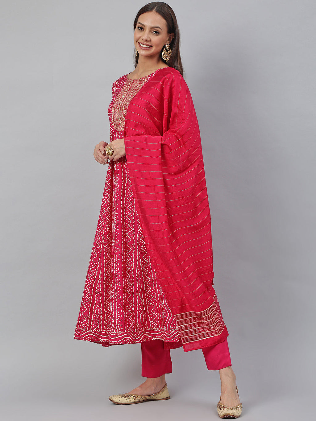 Janasya Women's Pink Rayon Bandhani Kurta With Pant And Dupatta | Grocsy