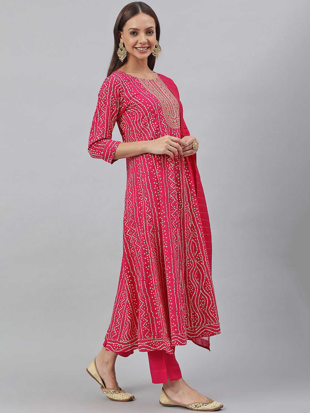 Janasya Women's Pink Rayon Bandhani Kurta With Pant And Dupatta | Grocsy
