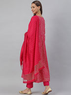 Janasya Women's Pink Rayon Bandhani Kurta With Pant And Dupatta | Grocsy