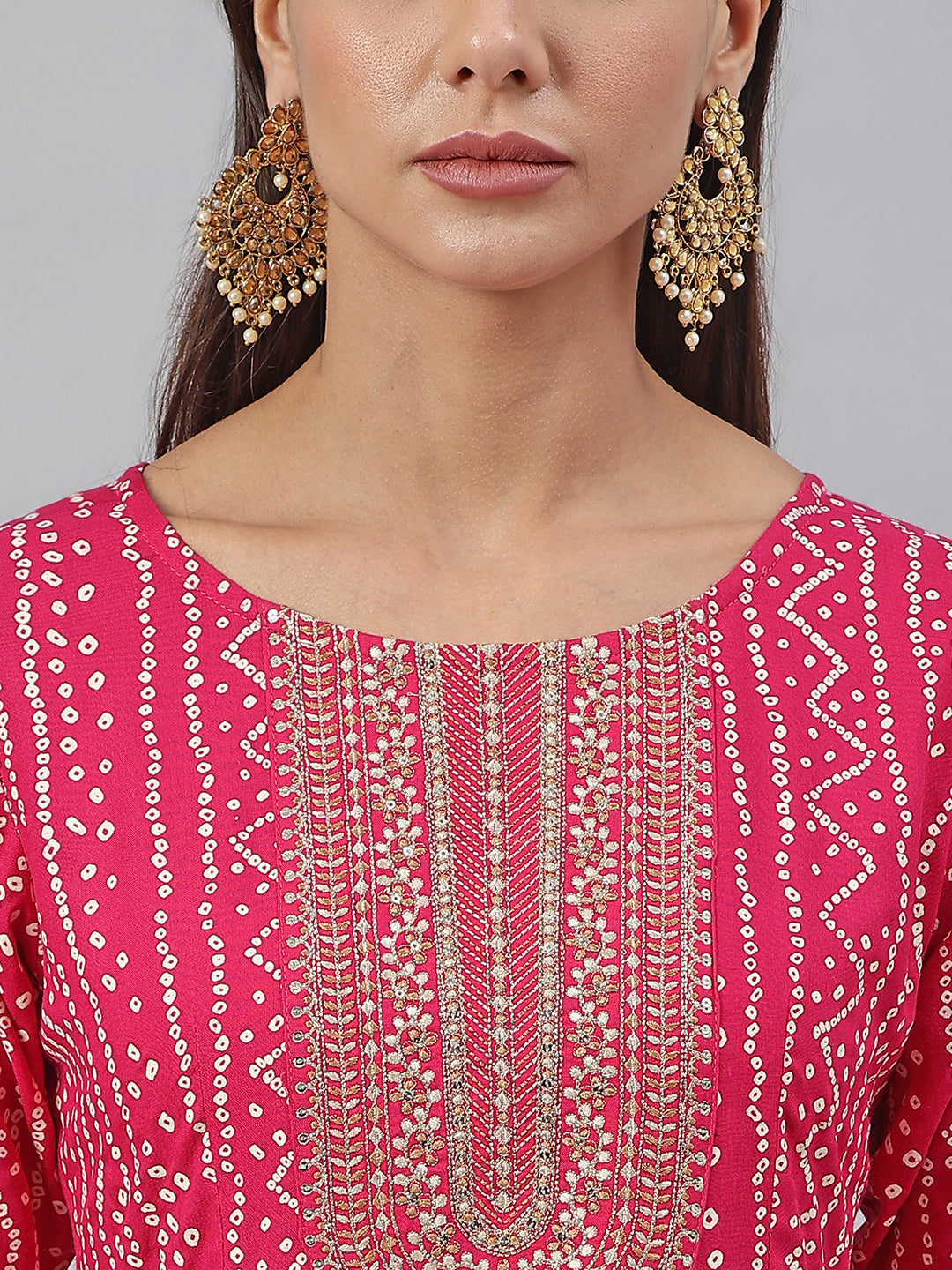 Janasya Women's Pink Rayon Bandhani Kurta With Pant And Dupatta | Grocsy