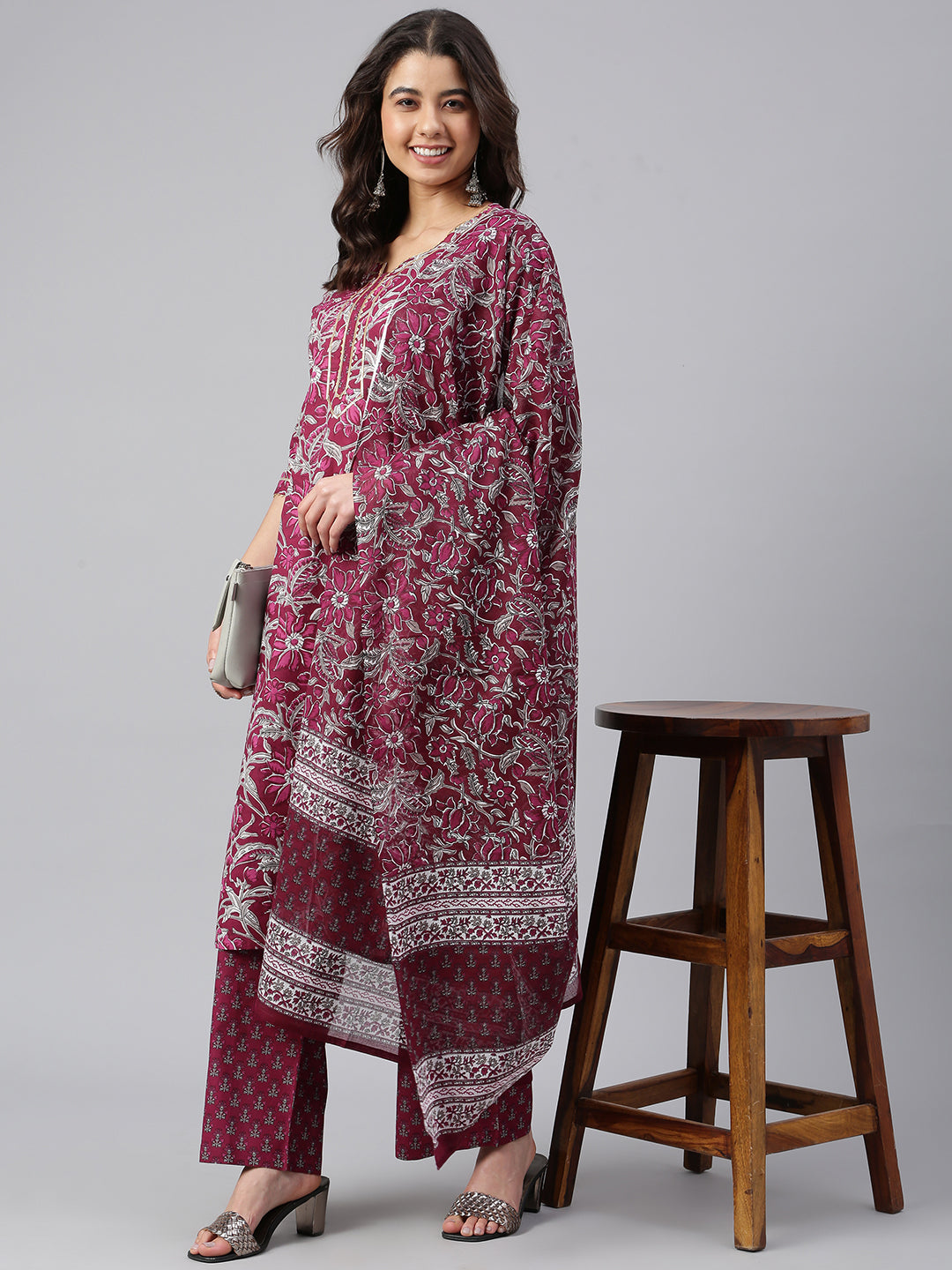 Janasya Women's Wine Cotton Floral Print Kurta With Palazzo And Dupatta | Grocsy
