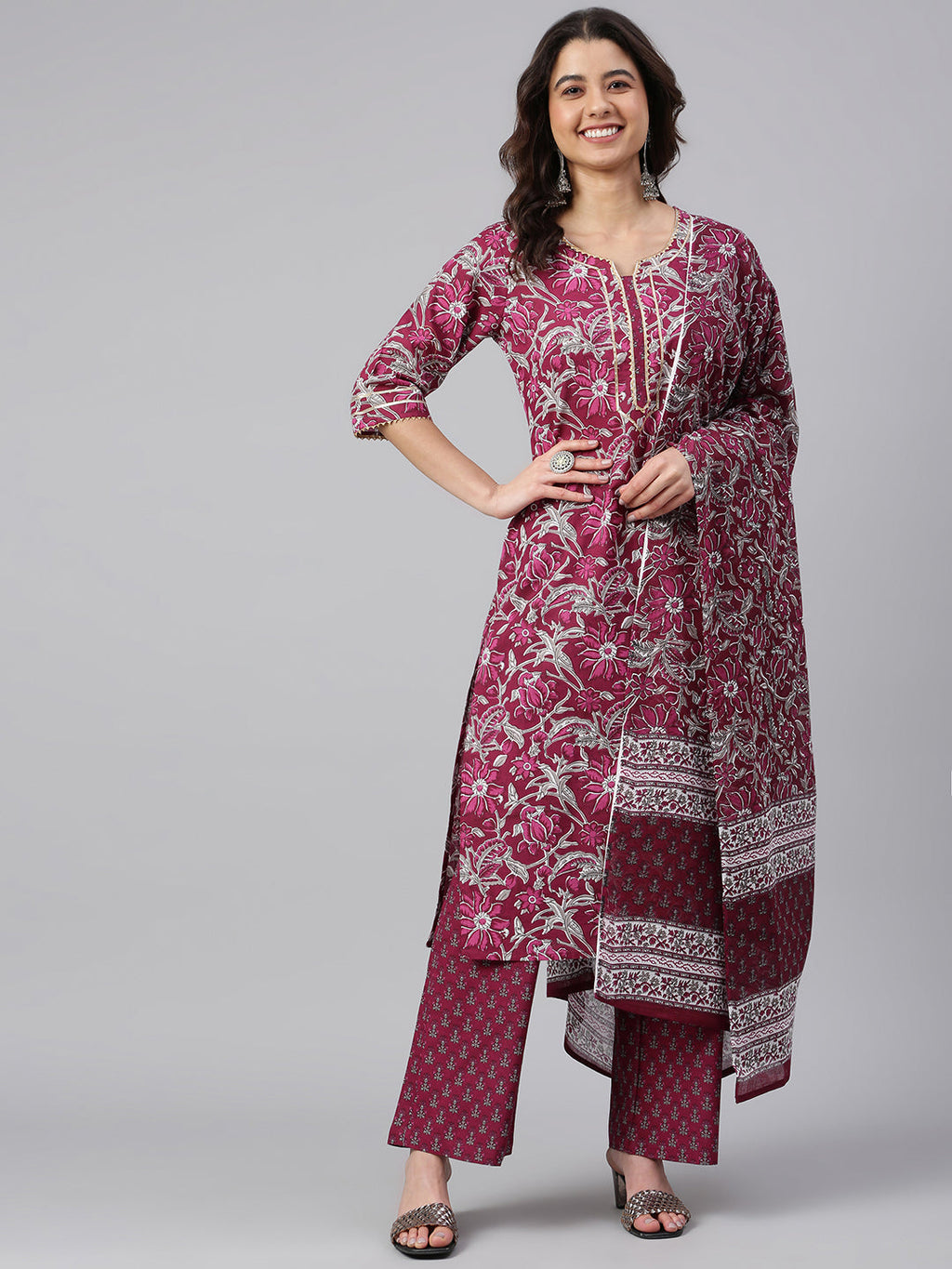 Janasya Women's Wine Cotton Floral Print Kurta With Palazzo And Dupatta | Grocsy