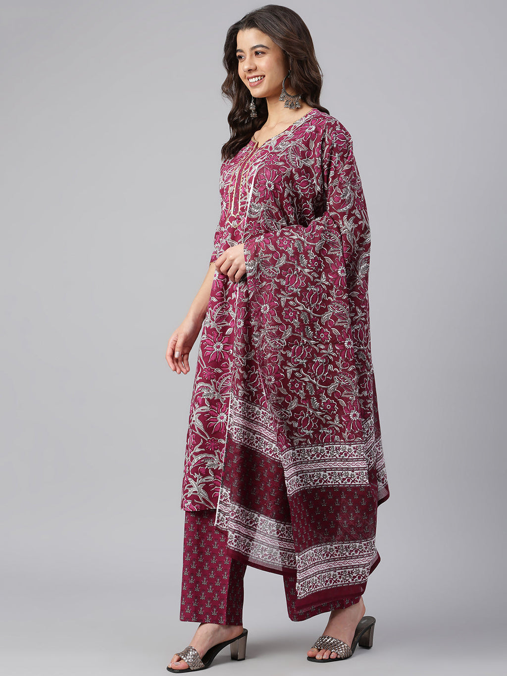 Janasya Women's Wine Cotton Floral Print Kurta With Palazzo And Dupatta | Grocsy