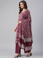 Janasya Women's Wine Cotton Floral Print Kurta With Palazzo And Dupatta | Grocsy