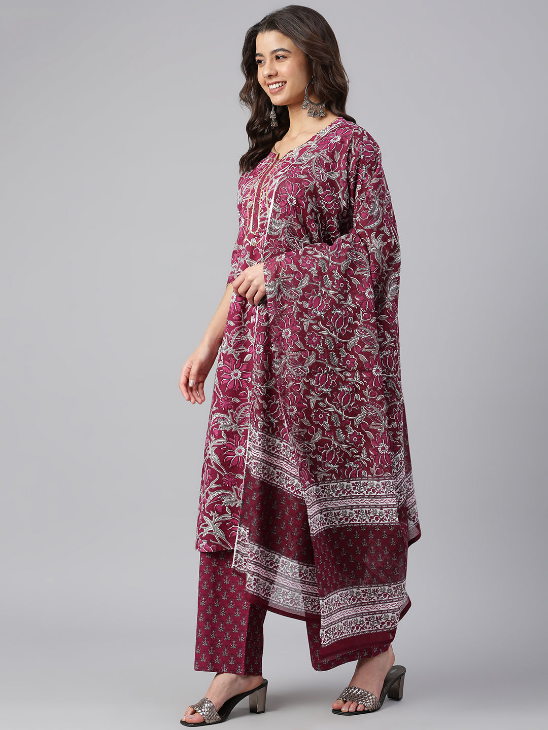 Janasya Women's Wine Cotton Floral Print Kurta With Palazzo And Dupatta | Grocsy