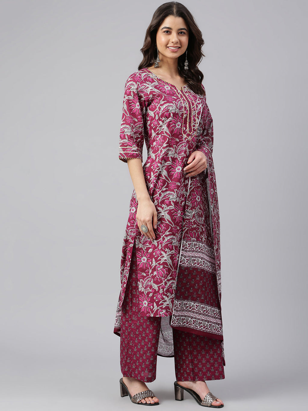 Janasya Women's Wine Cotton Floral Print Kurta With Palazzo And Dupatta | Grocsy