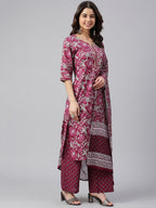 Janasya Women's Wine Cotton Floral Print Kurta With Palazzo And Dupatta | Grocsy