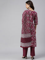 Janasya Women's Wine Cotton Floral Print Kurta With Palazzo And Dupatta | Grocsy