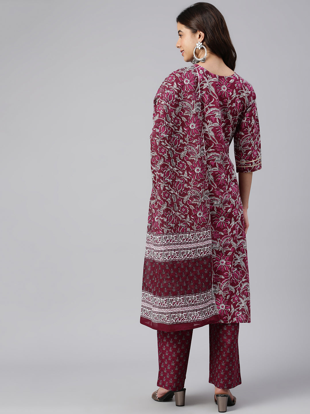 Janasya Women's Wine Cotton Floral Print Kurta With Palazzo And Dupatta | Grocsy