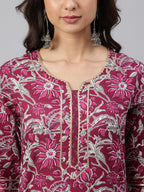 Janasya Women's Wine Cotton Floral Print Kurta With Palazzo And Dupatta | Grocsy