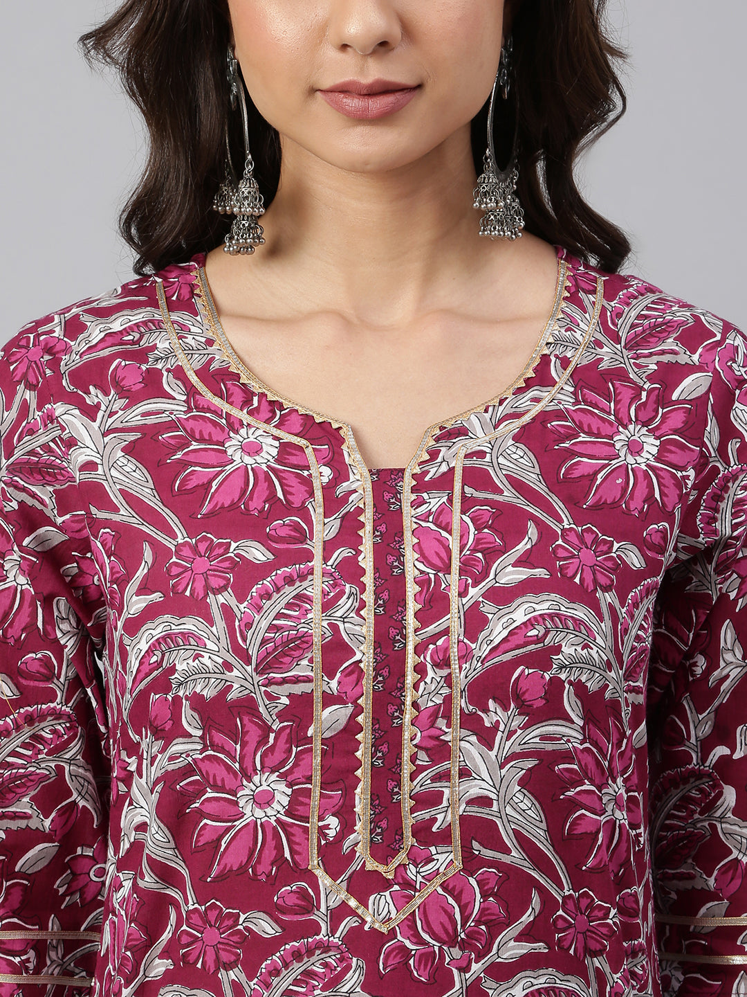 Janasya Women's Wine Cotton Floral Print Kurta With Palazzo And Dupatta | Grocsy