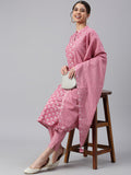 Janasya Women's Mauve Cotton Floral Print Kurta With Pant And Dupatta | Grocsy