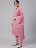 Janasya Women's Mauve Cotton Floral Print Kurta With Pant And Dupatta | Grocsy