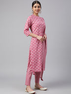 Janasya Women's Mauve Cotton Floral Print Kurta With Pant And Dupatta | Grocsy