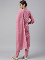 Janasya Women's Mauve Cotton Floral Print Kurta With Pant And Dupatta | Grocsy