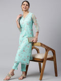 Janasya Women's Sea Green Organza Floral Print Kurta With Pant | Grocsy