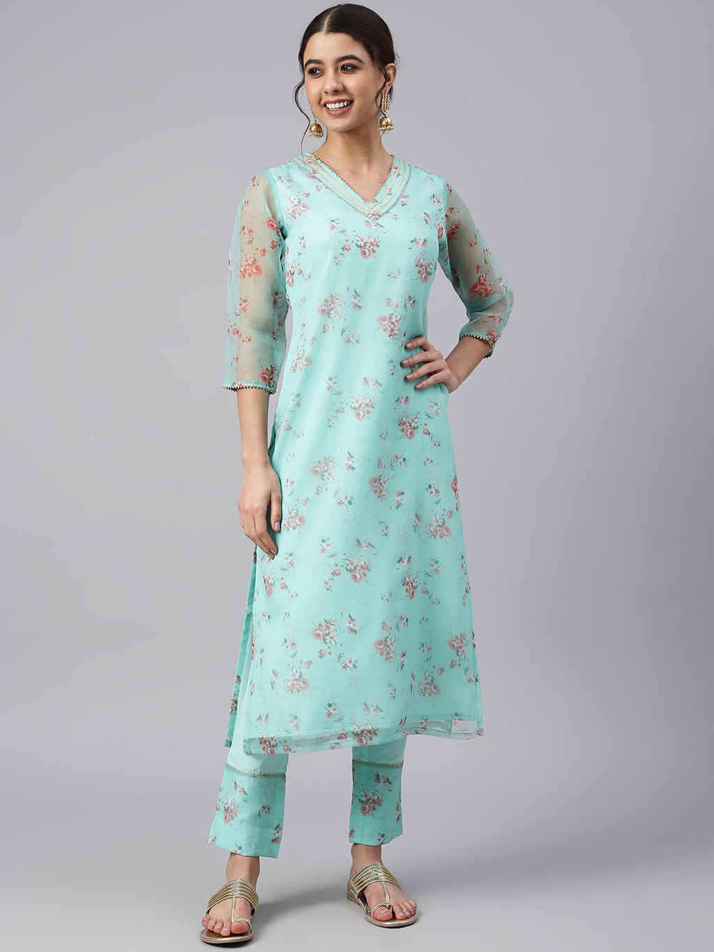 Janasya Women's Sea Green Organza Floral Print Kurta With Pant | Grocsy