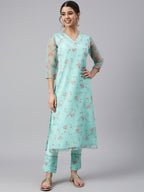 Janasya Women's Sea Green Organza Floral Print Kurta With Pant | Grocsy