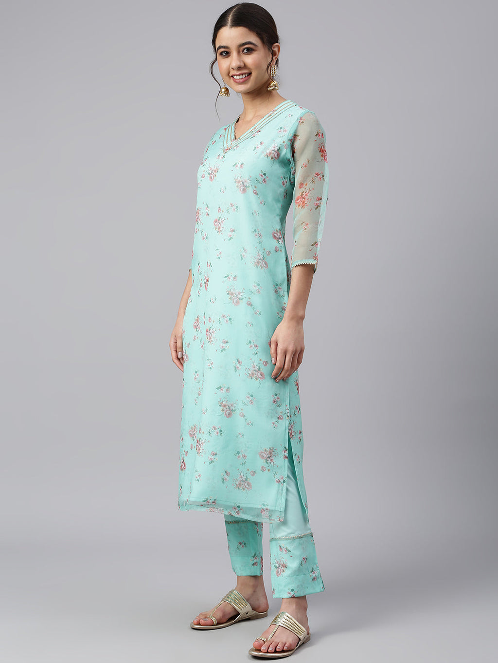Janasya Women's Sea Green Organza Floral Print Kurta With Pant | Grocsy