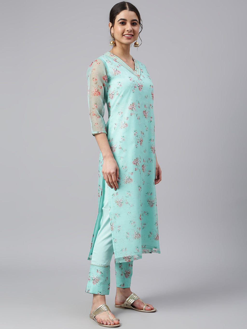 Janasya Women's Sea Green Organza Floral Print Kurta With Pant | Grocsy