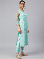 Janasya Women's Sea Green Organza Floral Print Kurta With Pant | Grocsy