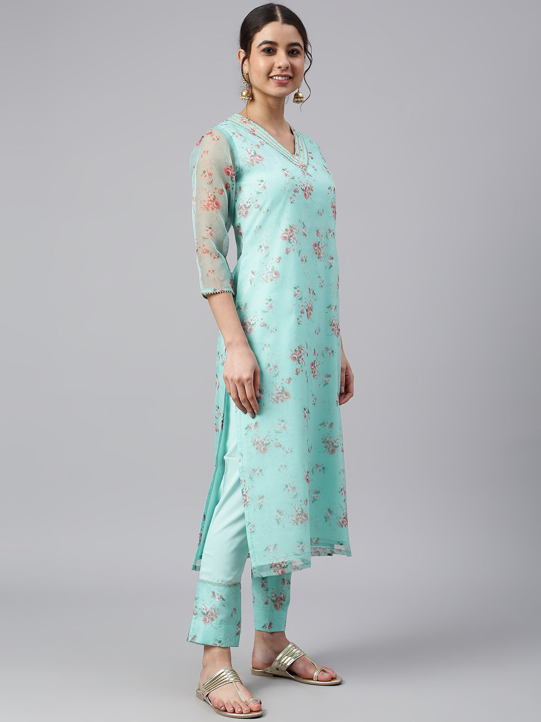 Janasya Women's Sea Green Organza Floral Print Kurta With Pant | Grocsy