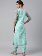 Janasya Women's Sea Green Organza Floral Print Kurta With Pant | Grocsy