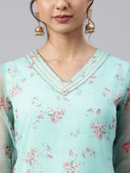 Janasya Women's Sea Green Organza Floral Print Kurta With Pant | Grocsy