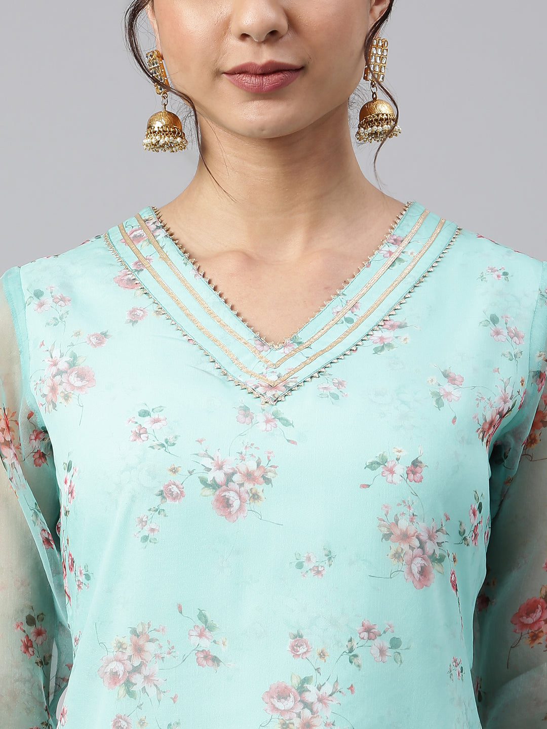 Janasya Women's Sea Green Organza Floral Print Kurta With Pant | Grocsy