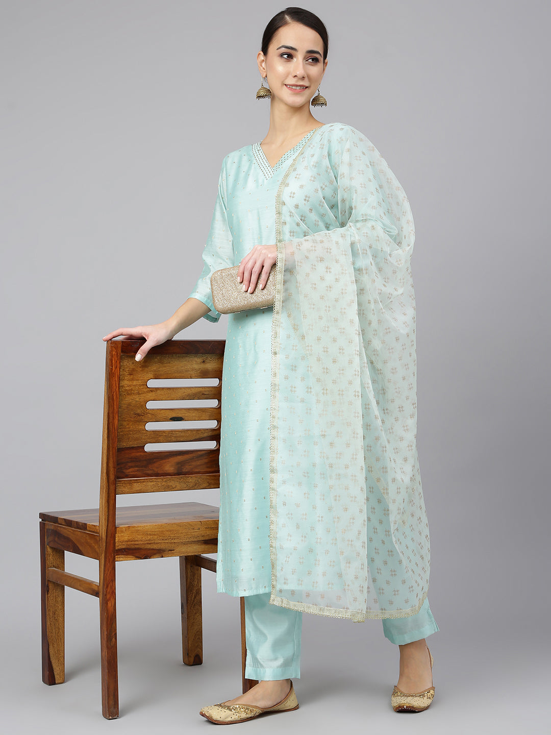 Janasya Women's Sea Green Chanderi Silk Embellished Kurta With Pant And Dupatta | Grocsy
