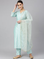 Janasya Women's Sea Green Chanderi Silk Embellished Kurta With Pant And Dupatta | Grocsy