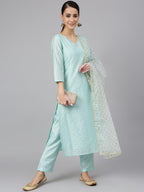 Janasya Women's Sea Green Chanderi Silk Embellished Kurta With Pant And Dupatta | Grocsy