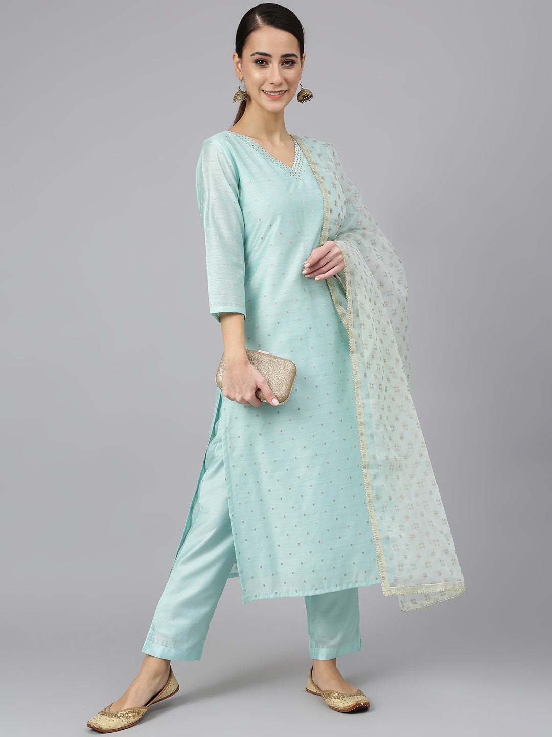 Janasya Women's Sea Green Chanderi Silk Embellished Kurta With Pant And Dupatta | Grocsy