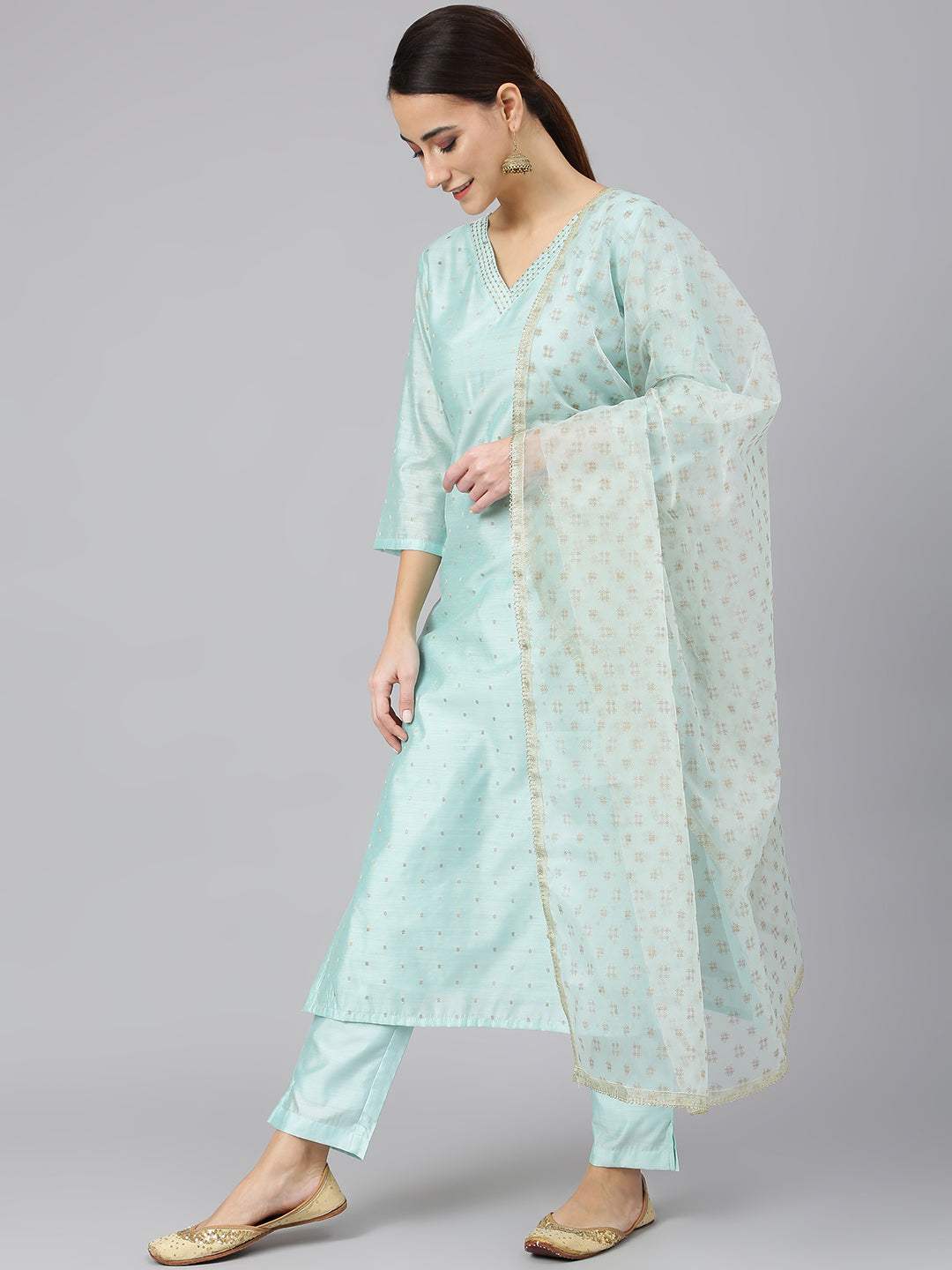 Janasya Women's Sea Green Chanderi Silk Embellished Kurta With Pant And Dupatta | Grocsy