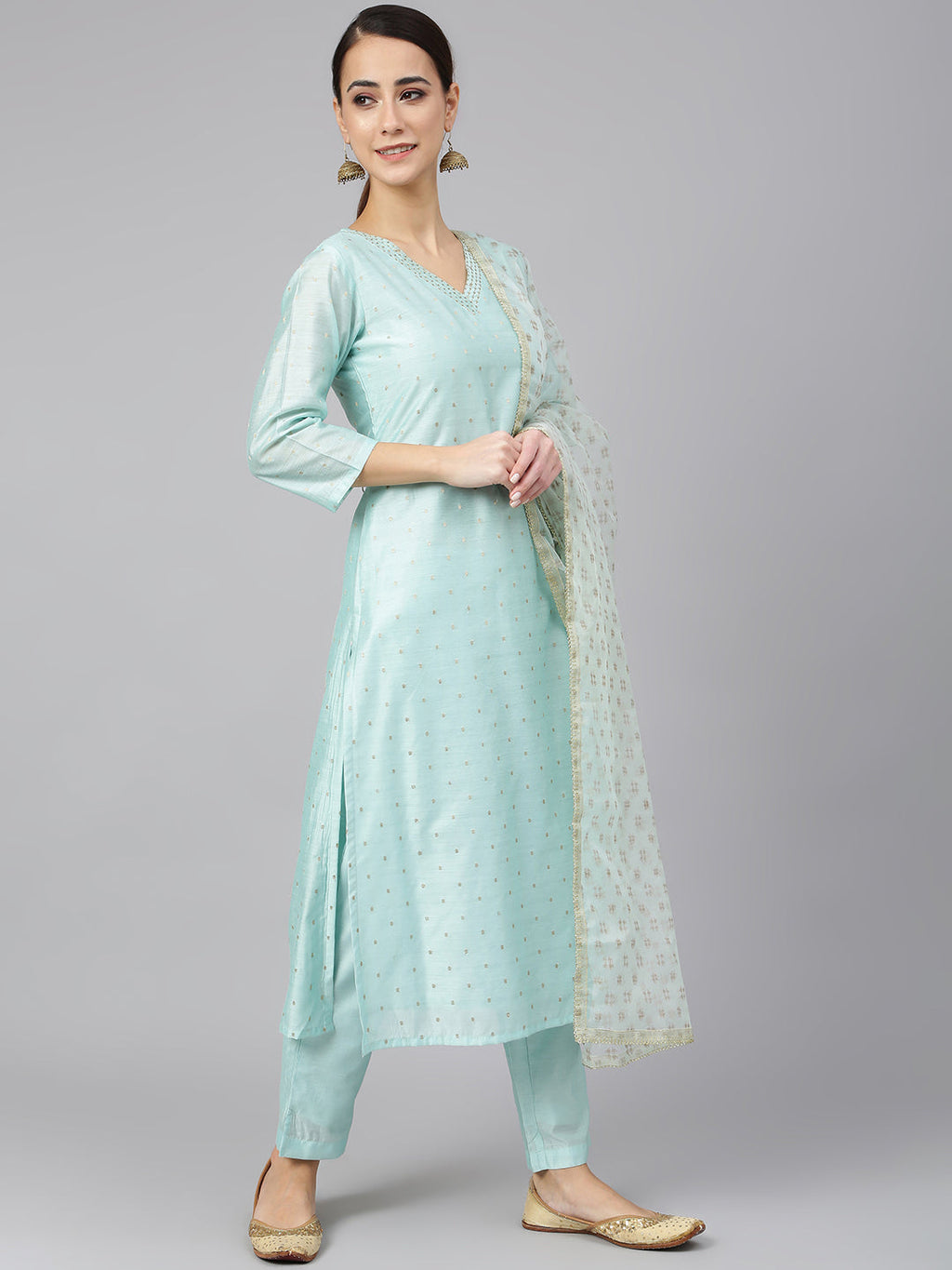 Janasya Women's Sea Green Chanderi Silk Embellished Kurta With Pant And Dupatta | Grocsy