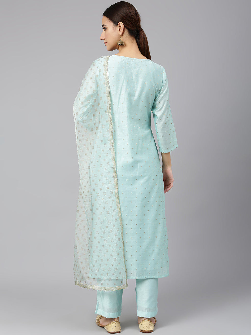 Janasya Women's Sea Green Chanderi Silk Embellished Kurta With Pant And Dupatta | Grocsy