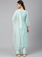 Janasya Women's Sea Green Chanderi Silk Embellished Kurta With Pant And Dupatta | Grocsy