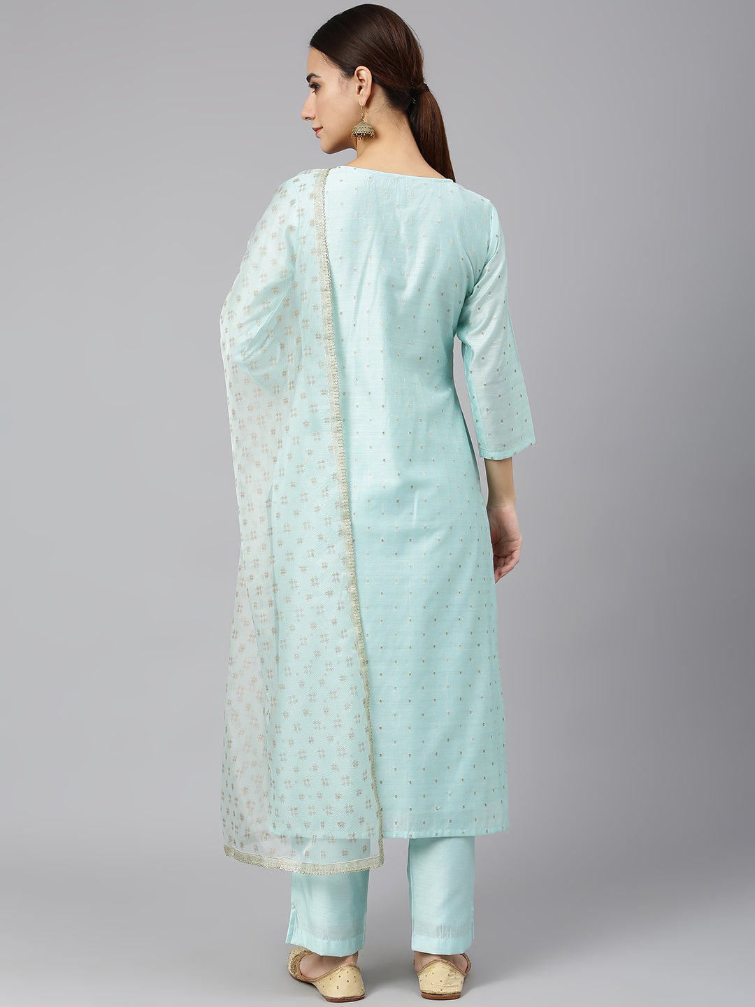 Janasya Women's Sea Green Chanderi Silk Embellished Kurta With Pant And Dupatta | Grocsy