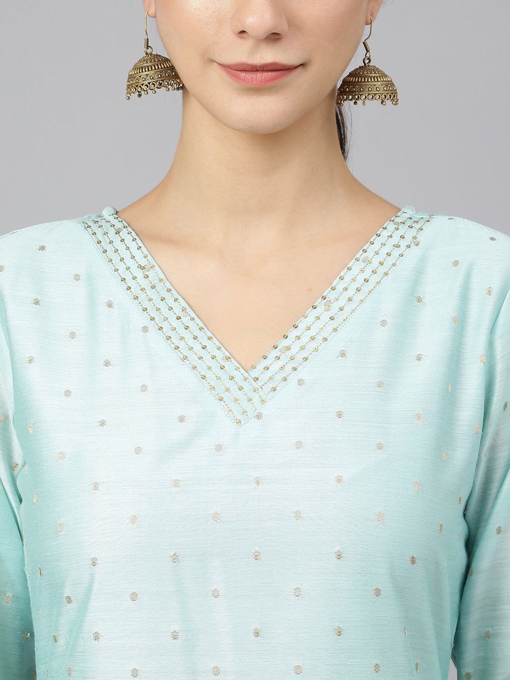 Janasya Women's Sea Green Chanderi Silk Embellished Kurta With Pant And Dupatta | Grocsy