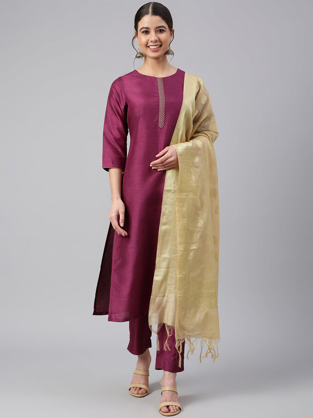 Janasya Women's Wine Poly Silk Embellished Kurta With Pant And Dupatta | Grocsy