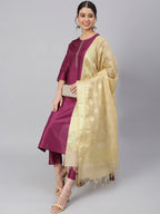 Janasya Women's Wine Poly Silk Embellished Kurta With Pant And Dupatta | Grocsy