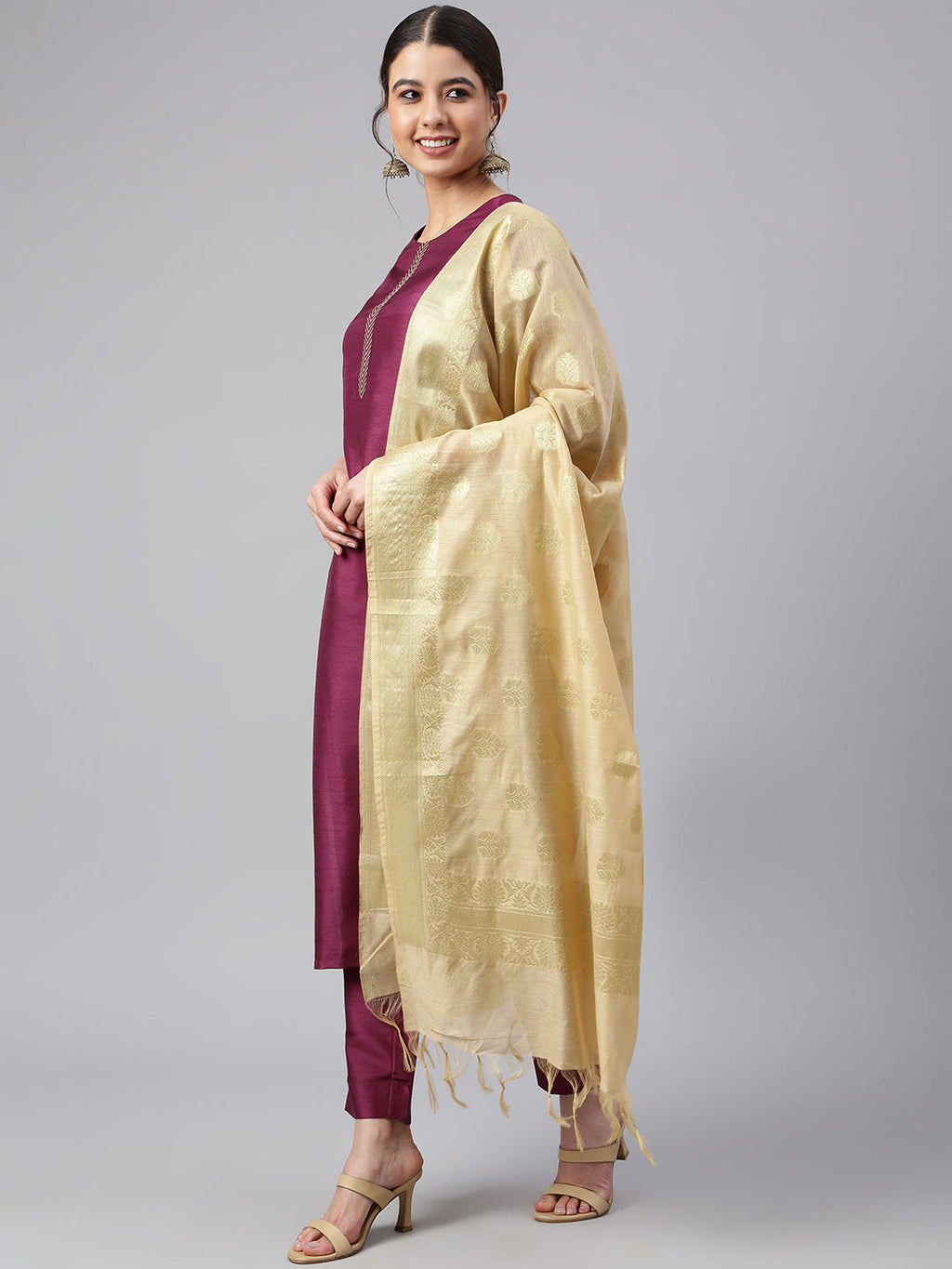Janasya Women's Wine Poly Silk Embellished Kurta With Pant And Dupatta | Grocsy