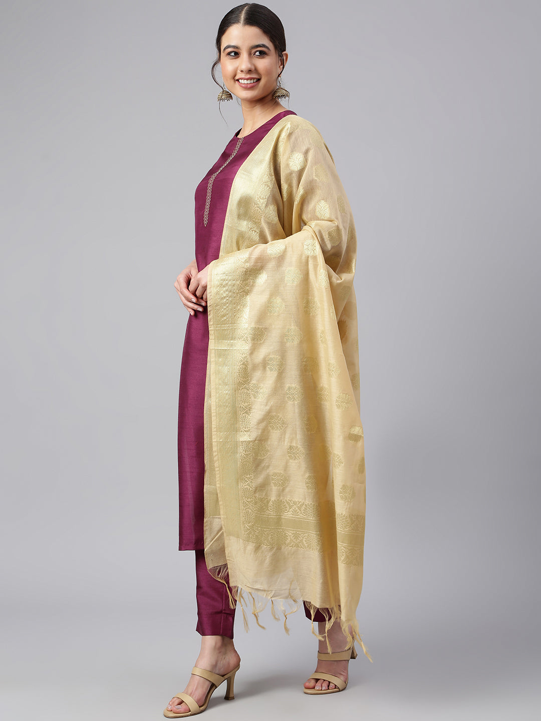 Janasya Women's Wine Poly Silk Embellished Kurta With Pant And Dupatta | Grocsy