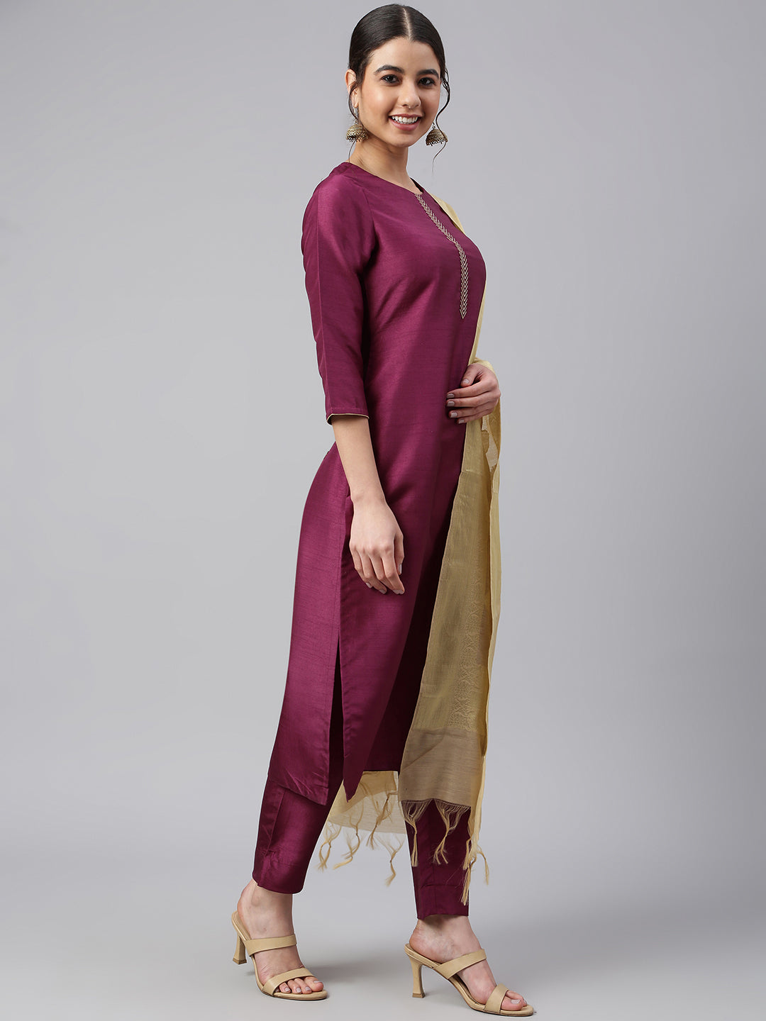 Janasya Women's Wine Poly Silk Embellished Kurta With Pant And Dupatta | Grocsy