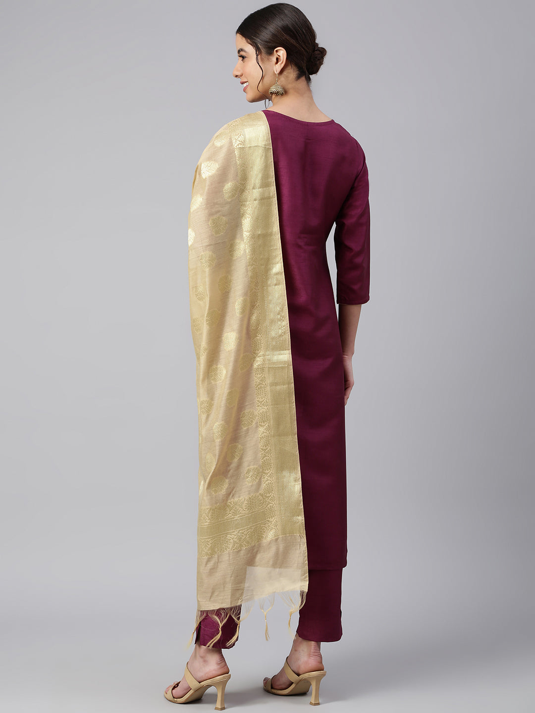 Janasya Women's Wine Poly Silk Embellished Kurta With Pant And Dupatta | Grocsy
