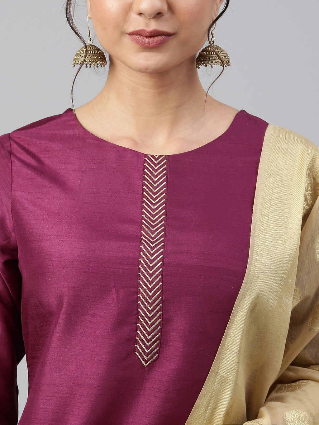 Janasya Women's Wine Poly Silk Embellished Kurta With Pant And Dupatta | Grocsy