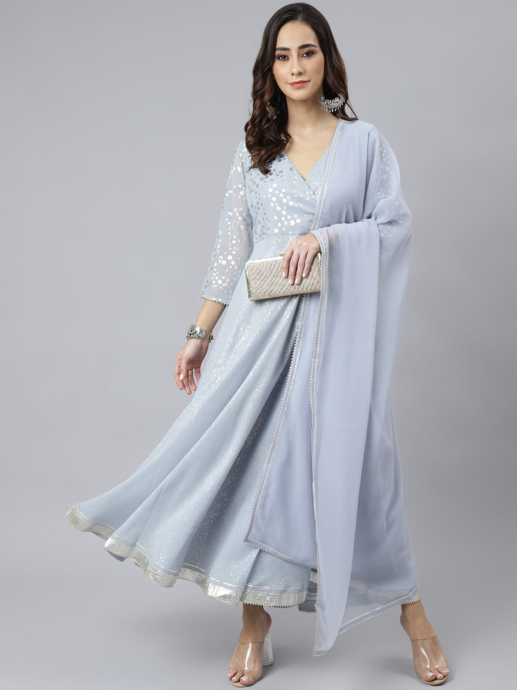 Janasya Women's Grey Georgette Foil Print Kurta With Dupatta | Grocsy