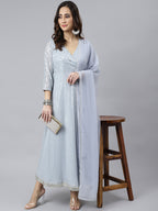 Janasya Women's Grey Georgette Foil Print Kurta With Dupatta | Grocsy