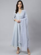 Janasya Women's Grey Georgette Foil Print Kurta With Dupatta | Grocsy
