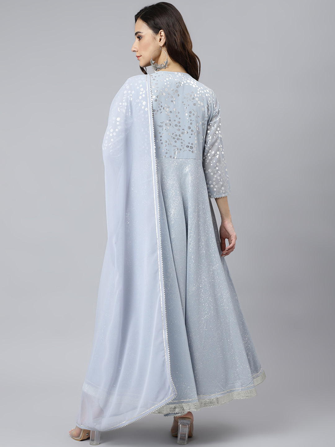 Janasya Women's Grey Georgette Foil Print Kurta With Dupatta | Grocsy
